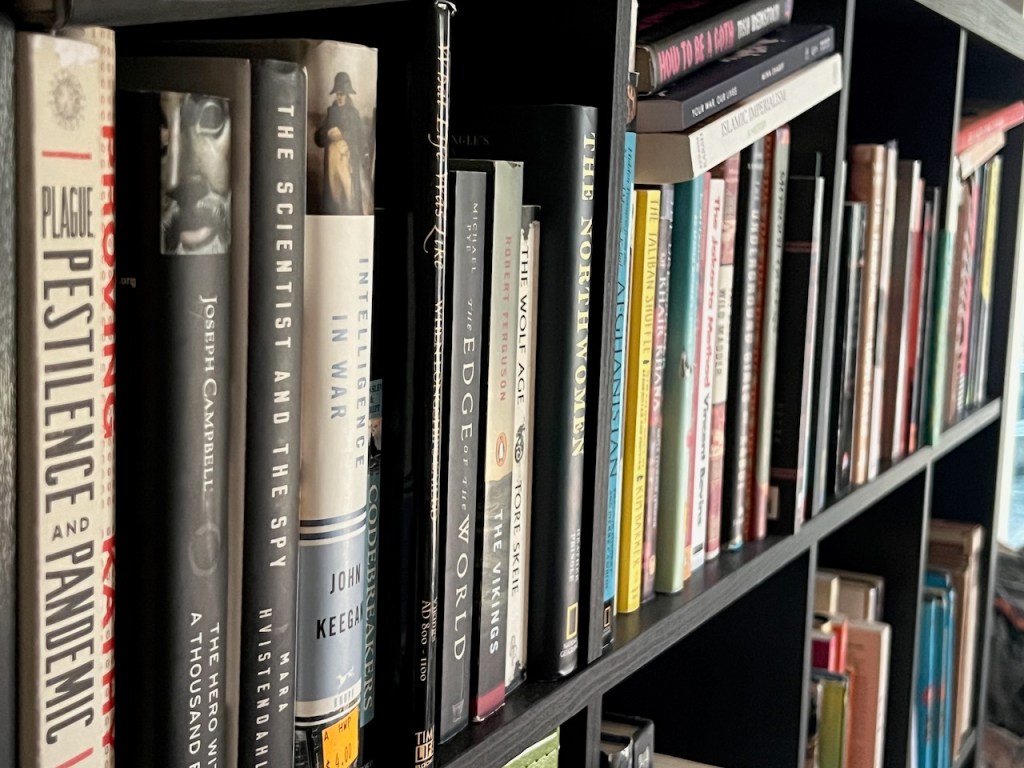 Close up of full black bookshelves whose titles fade off into the distance