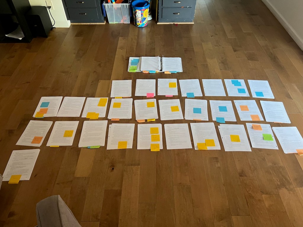 Twenty-odd printed chapters of a book covered in sticky notes and laid on the floor below the binder where they previously lived