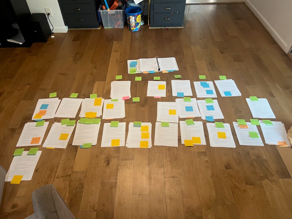 Twenty-odd printed chapters of a book laid on the floor below the binder where they previously lived. They are covered in more sticky notes than before and several chapters have been removed, leaving gaps in the layout.